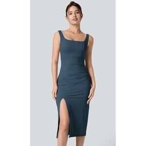 NEW Halara SoftlyZero Midi Dress Size LG Square Neck Corset Ruched Bodycon Airy